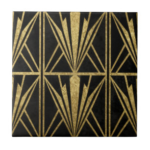 Gold Art Deco Geometric Fan Pattern Black Ceramic Tile