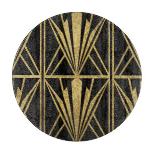 Gold Art Deco Geometric Fan Pattern Black Cutting Board