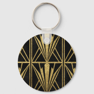 Gold Art Deco Geometric Fan Pattern Black Key Ring