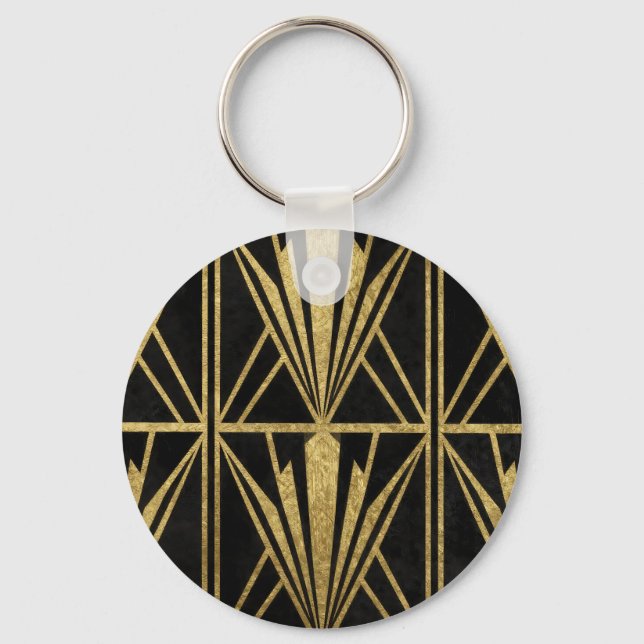 Gold Art Deco Geometric Fan Pattern Black Key Ring (Front)