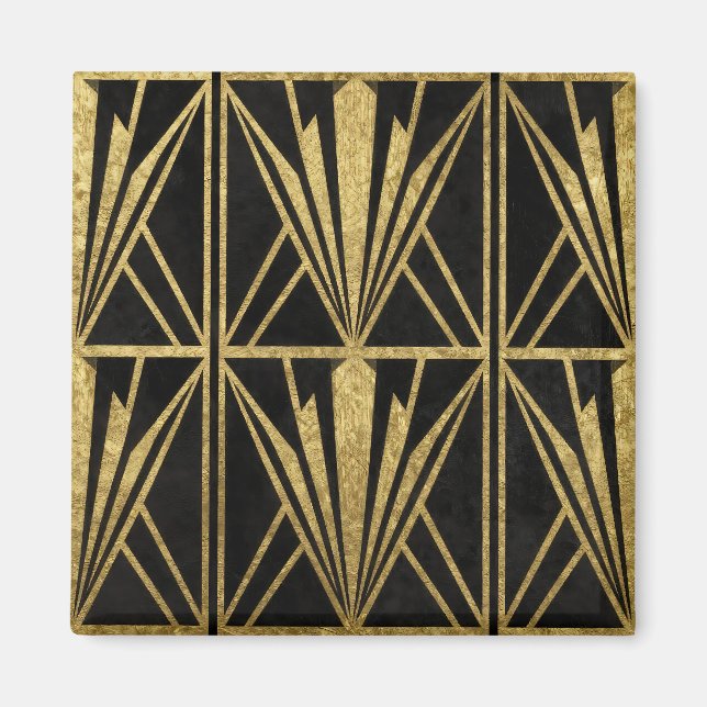 Gold Art Deco Geometric Fan Pattern Black Magnet (Front)