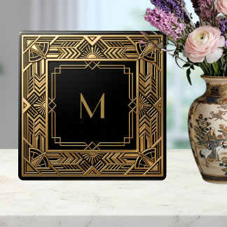 Gold Art Deco Monogram Black Personalised Luxury Ceramic Tile
