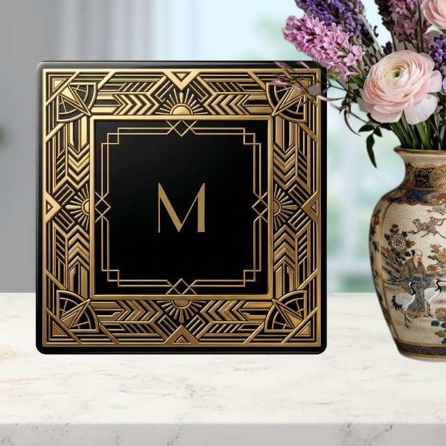 Gold Art Deco Monogram Black Personalized Luxury Ceramic Tile (Creator Uploaded)