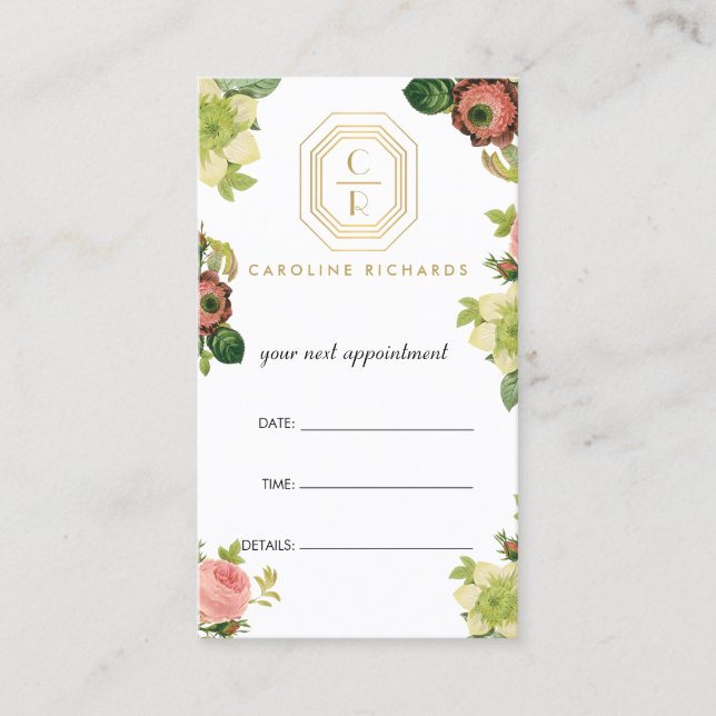 Gold Art Deco Monogram Vintage Florals Appointment Card (Front)