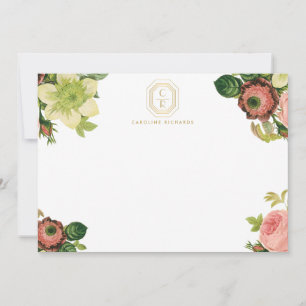 Gold Art Deco Monogram Vintage Florals Note Card