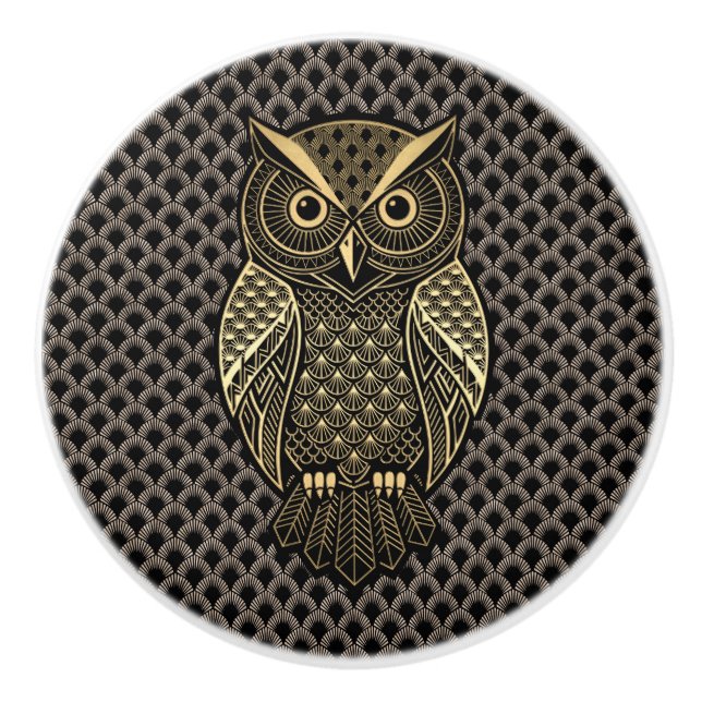 Gold Art Deco Owl Ceramic Knob (Front)