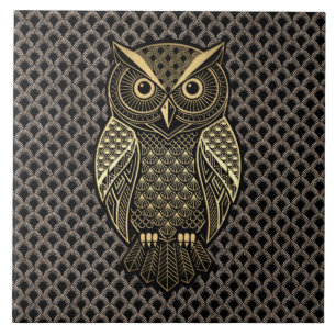 Gold Art Deco Owl Ceramic Tile