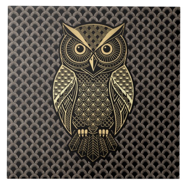 Gold Art Deco Owl Ceramic Tile (Front)