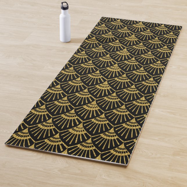 Gold Art Deco pattern on black Yoga Mat (In Situ)
