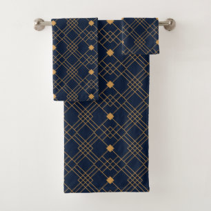 Gold art deco pattern on dark blue background bath towel set