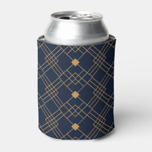 Gold art deco pattern on dark blue background can cooler