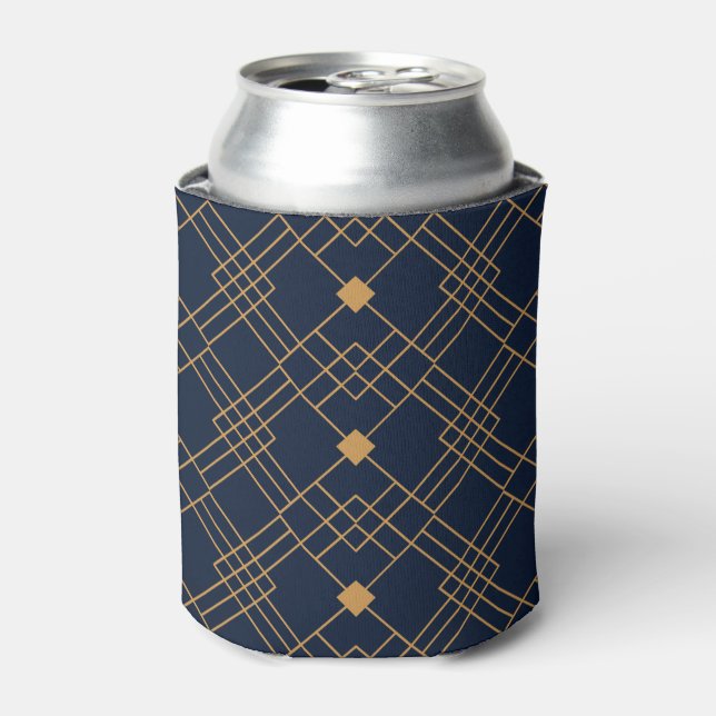 Gold art deco pattern on dark blue background can cooler (Can Front)