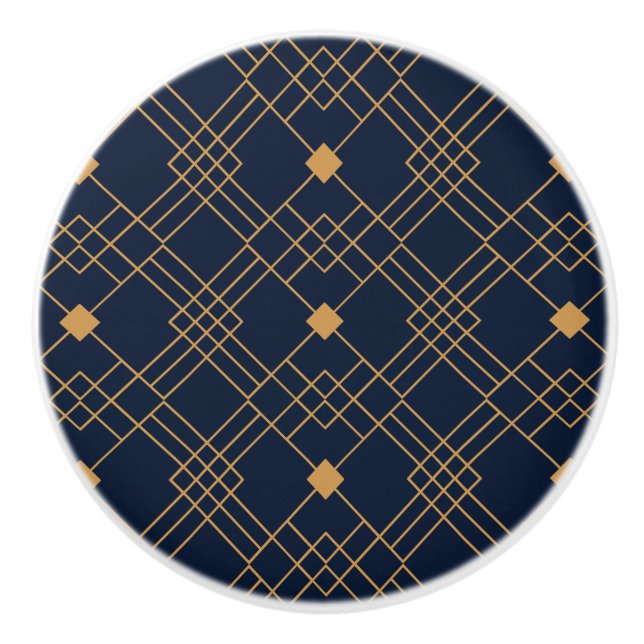 Gold art deco pattern on dark blue background ceramic knob (Front)