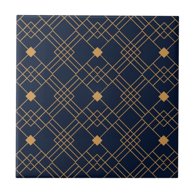 Gold art deco pattern on dark blue background ceramic tile (Front)