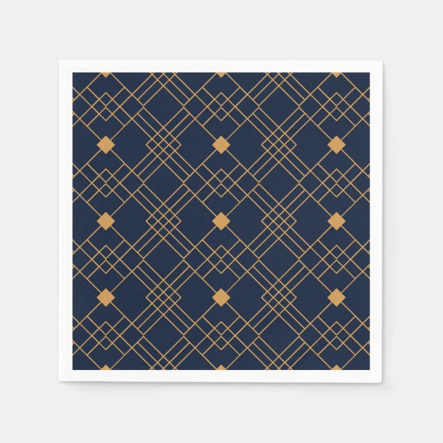 Gold art deco pattern on dark blue background napkin (Front)