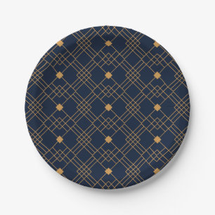Gold art deco pattern on dark blue background paper plate