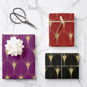Gold Art Deco Pattern on Red Black and Purple Wrapping Paper Sheet