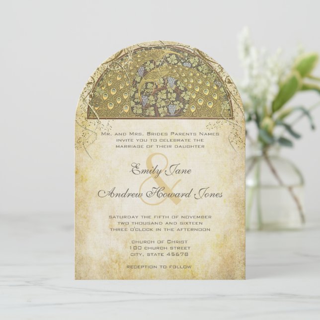 Gold Art Deco Peacock Birds Wedding Invitation (Standing Front)