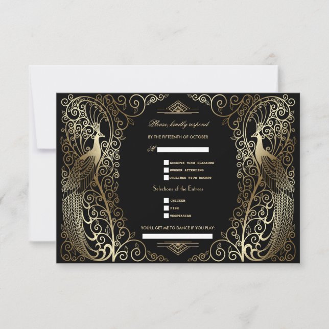Gold Art Deco Peacocks Song Request Wedding RSVP Card (Front)