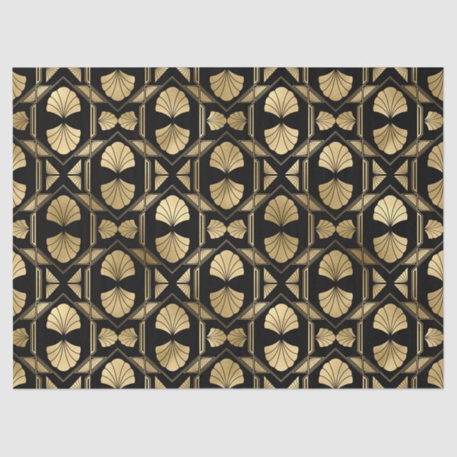 Gold Art Deco Shells on Black Decoupage Tissue Paper (Front)