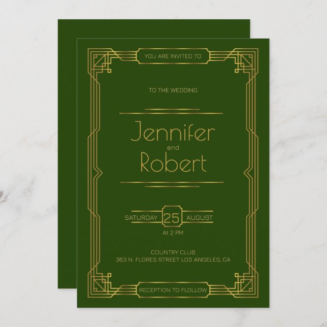 Gold Art Deco wedding frame on green Invite (Front/Back)