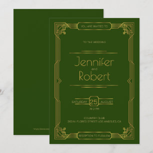 Gold Art Deco wedding frame on green Invite