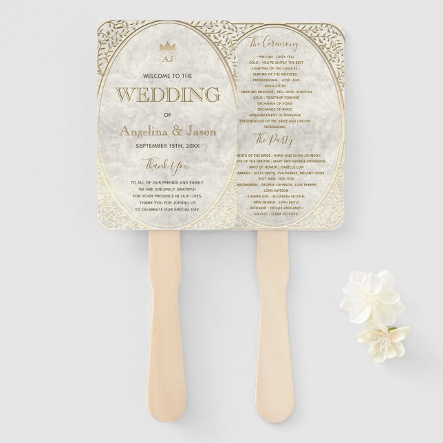 Gold Art Deco Wedding Program Hand Fan (Front and Back)