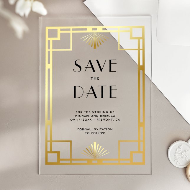 Gold Art Deco Wedding Save the Date Acrylic Invitations (Creator Uploaded)