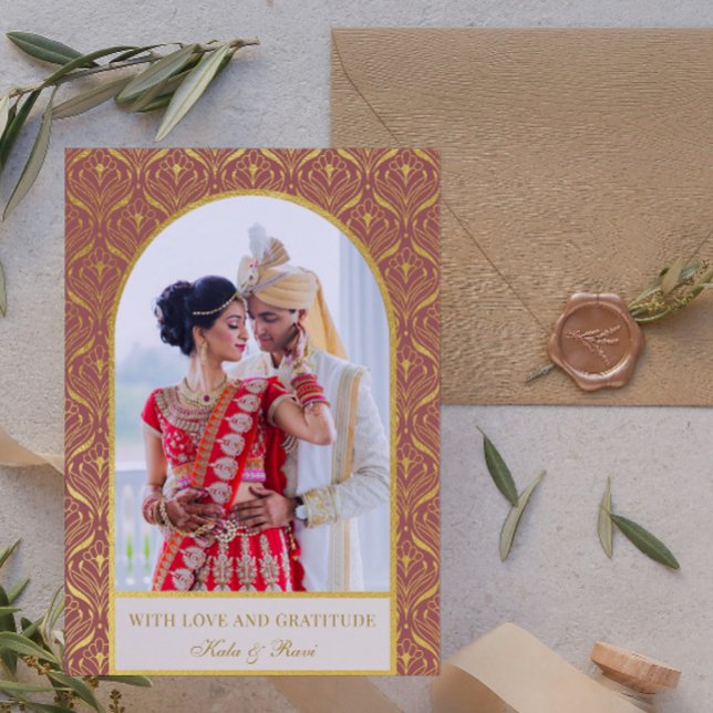 Gold Art Deco Wedding Thank You Photo Card (indian wedding thank you card, hindu wedding thank you card, art deco gold mundap arch photo card)