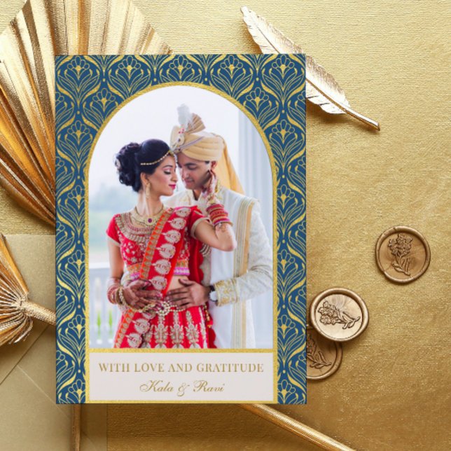 Gold Art Deco Wedding Thank You Photo Card (indian wedding thank you card, hindu wedding thank you card, art deco gold mundap arch photo card)