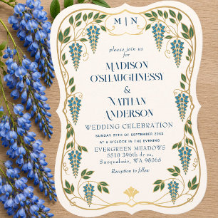 Gold Art Nouveau Blue Wisteria Wedding  Invitation