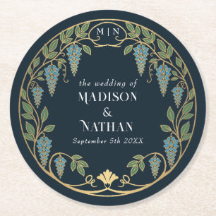 Gold Art Nouveau Blue Wisteria Wedding  Round Paper Coaster