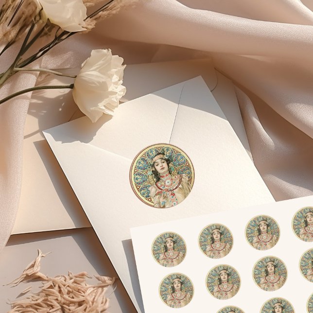 Gold Art Nouveau Mucha Sarah Bernhardt Champagne Classic Round Sticker (Creator Uploaded)