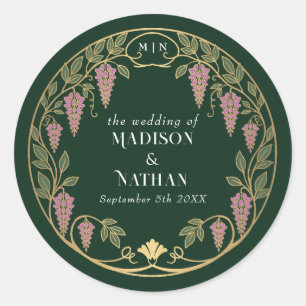 Gold Art Nouveau Pink Wisteria Wedding  Classic Round Sticker
