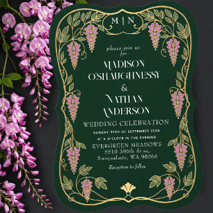 Gold Art Nouveau Pink Wisteria Wedding  Invitation