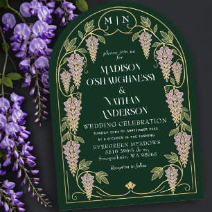 Gold Art Nouveau Purple Wisteria Wedding Arch Invitation