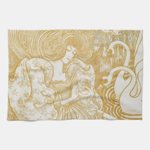 Gold Art Nouveau Vintage Woman Drawing Vintage Aes Tea Towel