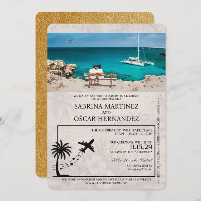Gold Aruba Passport Wedding Invitation (Front/Back)