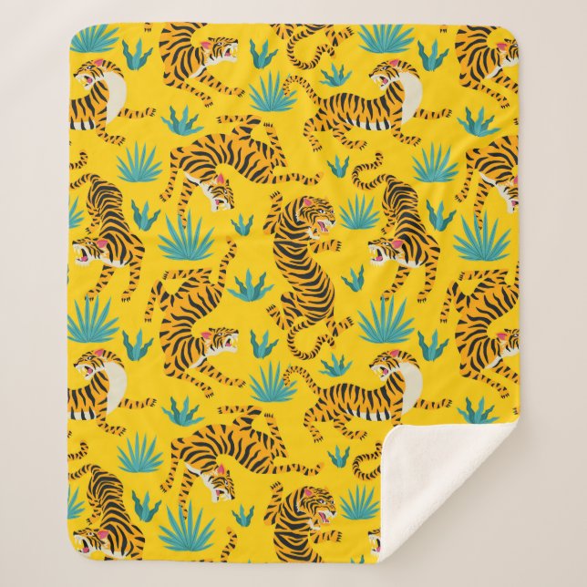Gold Asian Tiger Pattern Sherpa Blanket (Front)