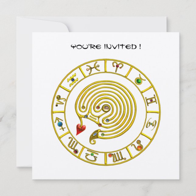 GOLD ASTRAL LABYRINTH Zodiac Signs Chart White Invitation (Front)