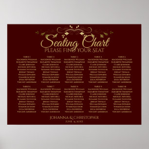 Gold & Auburn Brown 10 Table Wedding Seating Chart