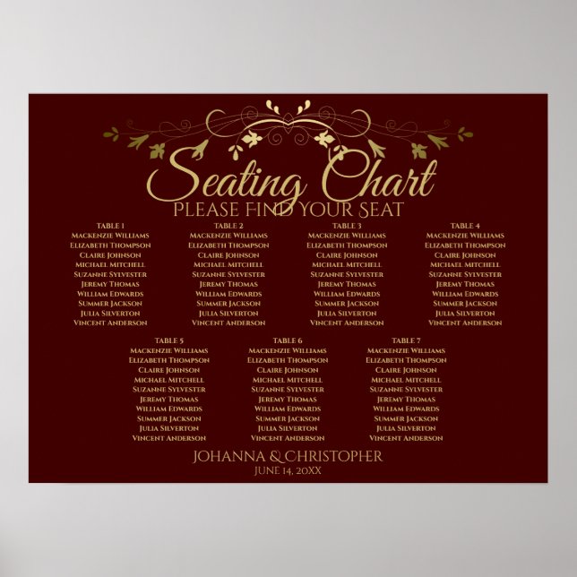Gold & Auburn Brown 7 Table Wedding Seating Chart (Front)