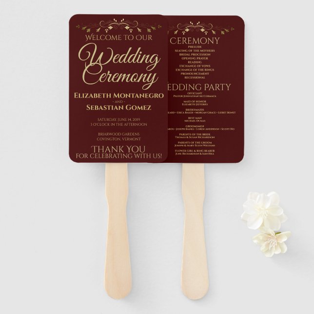 Gold & Auburn Elegant Flourish Wedding Program Hand Fan (Front and Back)