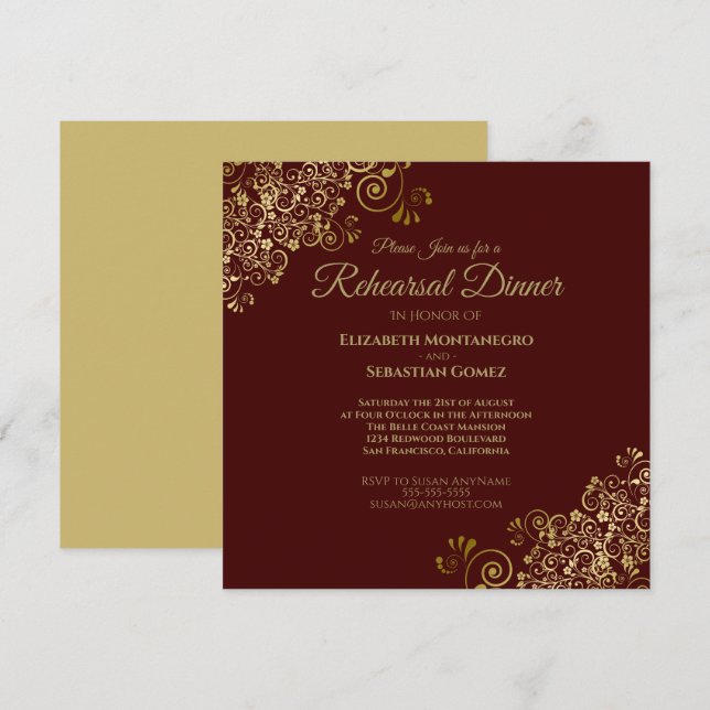 Gold & Auburn Wedding Rehearsal Dinner Square Invitation (Front/Back)
