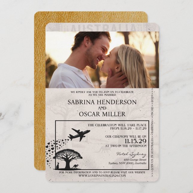 Gold Australia Passport Wedding Invitation (Front/Back)
