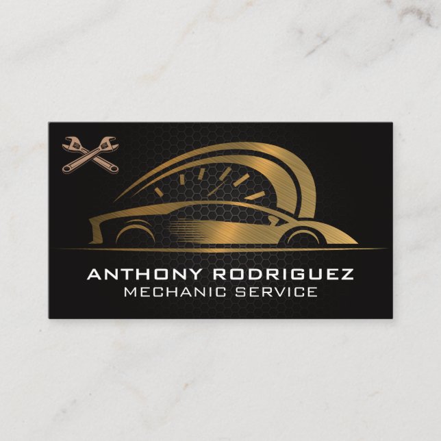 Gold Auto Logo | Carbon Fibre | Wrenches Business Card (Front)