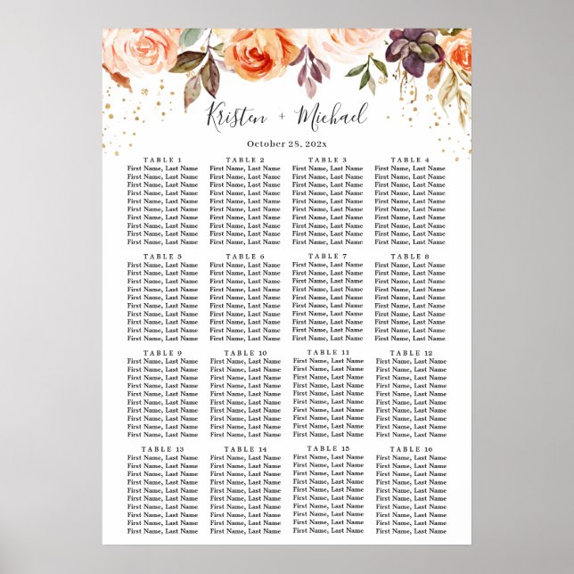 Gold Autumn Floral 16 Tables Wedding Seating Chart (Front)