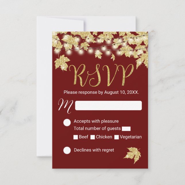 Gold Autumn Leaves Burgundy Fall Wedding RSVP Card (Front)