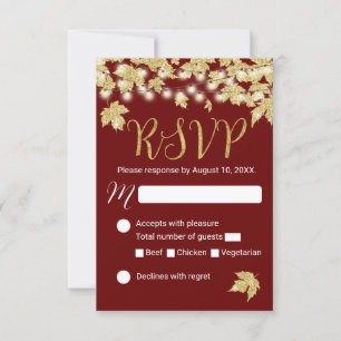 Gold Autumn Leaves Burgundy Fall Wedding RSVP Card