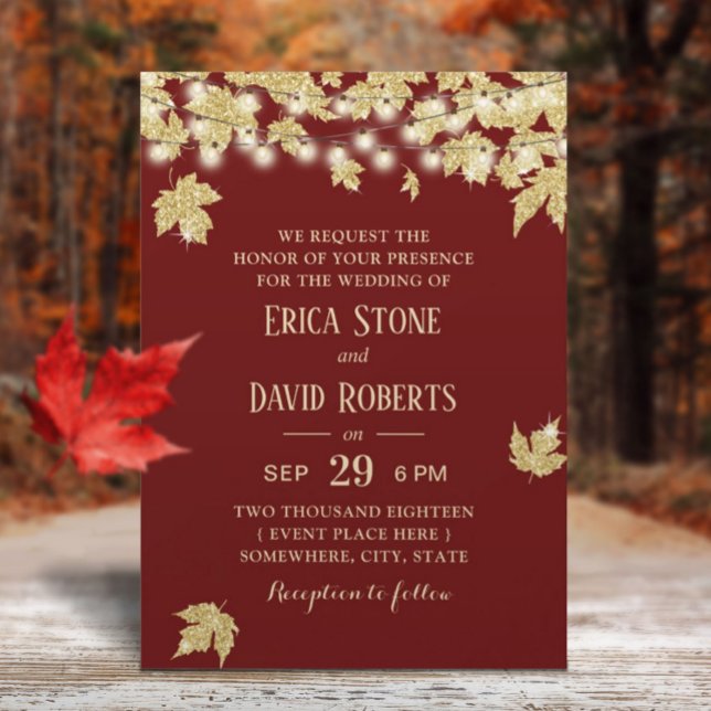 Gold Autumn Leaves Burgundy Red Fall Wedding Invitation (Creator Uploaded)